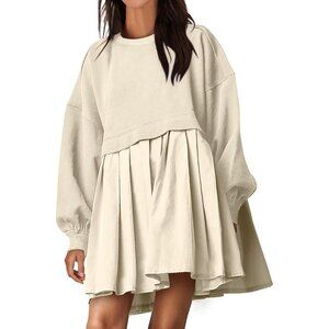 Womens Oversized Sweatshirt Dress Long Sleeve Patchwork Casual Loose Pleated